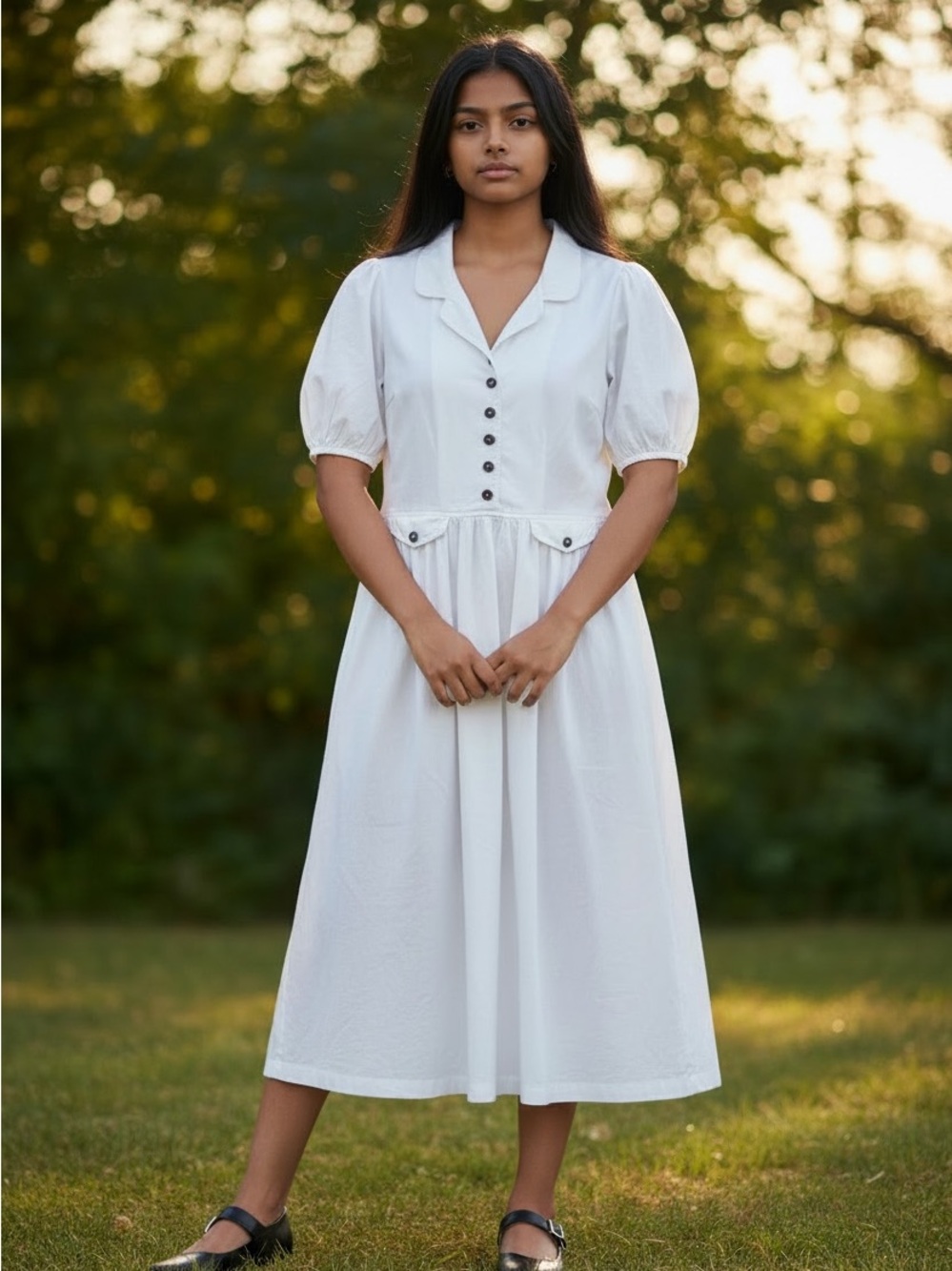 Vintage Jim Elliot White Cotton Button Front Midi Dress Size 8